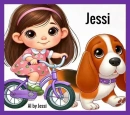 Jessi on purple bike with Basset following