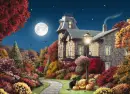 moon lit house and autumn trees