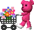 pink teddy bear walking with flowers