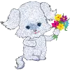white dog glitter with flowers