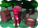 3d pink bear using a broom