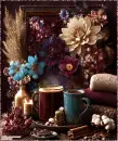Rustic Autumn Coffee, Flowers & Sparkles Background