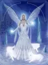 Angel standing in woods with wolves around her