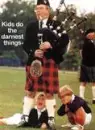 little boy looking under a scottsman skirts funny