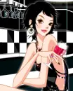 cute girl dressed in black with a glass of wine