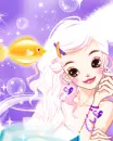cute girl looking at a gold fish with bubbles
