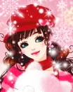cute winter girl with a red cap watching snowflakes