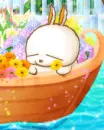 mashimaro throwing a flower from his boat in the water