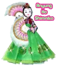 Korean doll in traditional dress, saying hello in Korean.