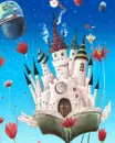 flying castle in a book among flowers