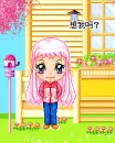 pink haired girl in front of a house
