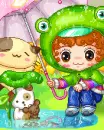 cute boy on a rainy day with a frog suit