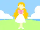 blonde girl with a bunch of flowers