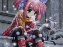 girl with a cat sitting  in the snow