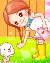 cute kawaii girl feeding her puppy dog