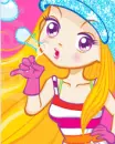 cute kawaii girl blowing soap bubbles