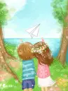 cute kawaii lovers with a paper plane