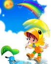 cute kawaii chick girl with a yellow umbrella near a rainbow