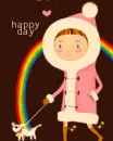 cute kawaii happy day girl walking the dog