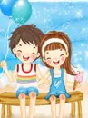 cute kawaii lil lovers on the beach with blue balloons