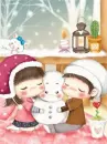 cute kawaii lil winter lovers hugging a snowman