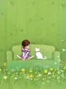 cute kawaii lil girl with a white cat on a green sofa