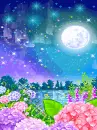 cute kawaii night scene with flowers & full moon