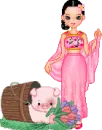 cute kawaii doll with a pig in a bucket