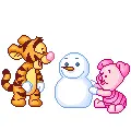 cute kawaii piglet & tiger makin a snowman