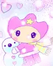 cute kawaii pink character hugging a snowman