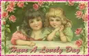 two girls with pink roses