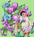 Betty Boop on fence an a bunch of flowers