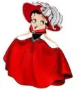 Betty in red and black dress with a hat on