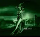 glittery witch with hair blowing in the wind