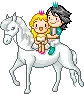 mini boy and girl riding horse 