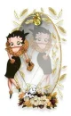Betty Boop with her dog in front of a gold mirror