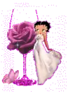 Betty Boop in long white dress with pink rose in glass