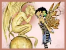 Betty Boop with wings and a gargoyle
