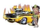 Betty Boop the car hop standing next yellow challenger
