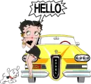 Betty Boop sitting on the hood of an Edsel saying Hello