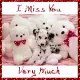 puppy with teddy bears around him