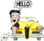 Betty Boop sitting on the hood of an Edsel saying Hello