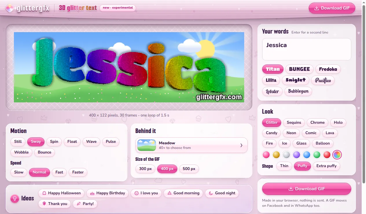 3D glitter text: Jessica in puffy rainbow glitter letters on a sunny meadow, with Your words, Look, Motion, Behind it and Ideas around it
