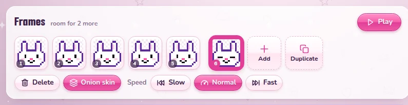 Frames 1 to 6 of the bunny: five with its eyes open and the sixth with its eyes closed, with Add, Duplicate, Delete, Onion skin and the speeds Slow, Normal and Fast