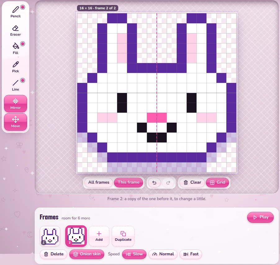 The Pixel Art Maker on frame 2 of 2: the bunny moved up one pixel, with frame 1 showing faintly under it, Move chosen with This frame, and the Frames with Onion skin and the speed Slow