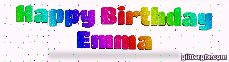 Happy Birthday Emma in rainbow 3D glitter letters with confetti
