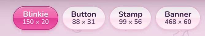 The size buttons of the Blinkie Studio: Blinkie 150 by 20, Button 88 by 31, Stamp 99 by 56, Banner 468 by 60