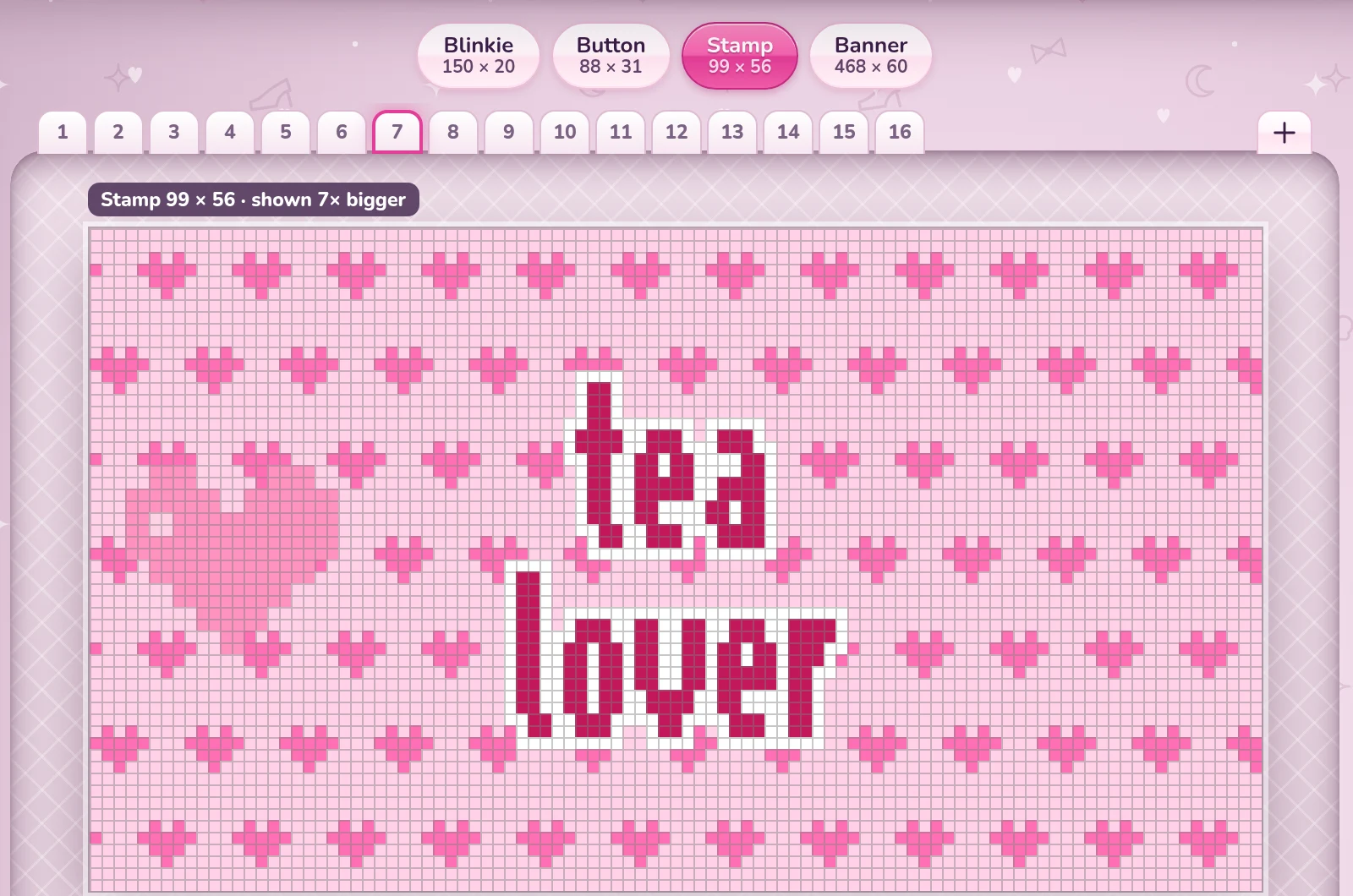A stamp in the Blinkie Studio: tea lover, with a heart sticker on a background of little hearts