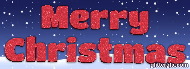 Merry Christmas in red 3D glitter letters on a dark blue night with falling snow