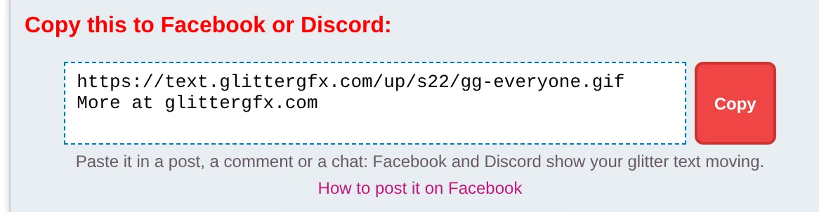 The box Copy this to Facebook or Discord in the glitter text generator, with its Copy button